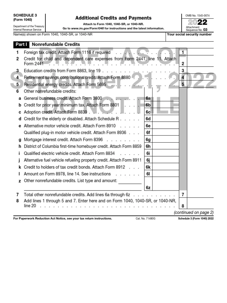 2022 Schedule 3 Form 1040 PDF Taxation Payments