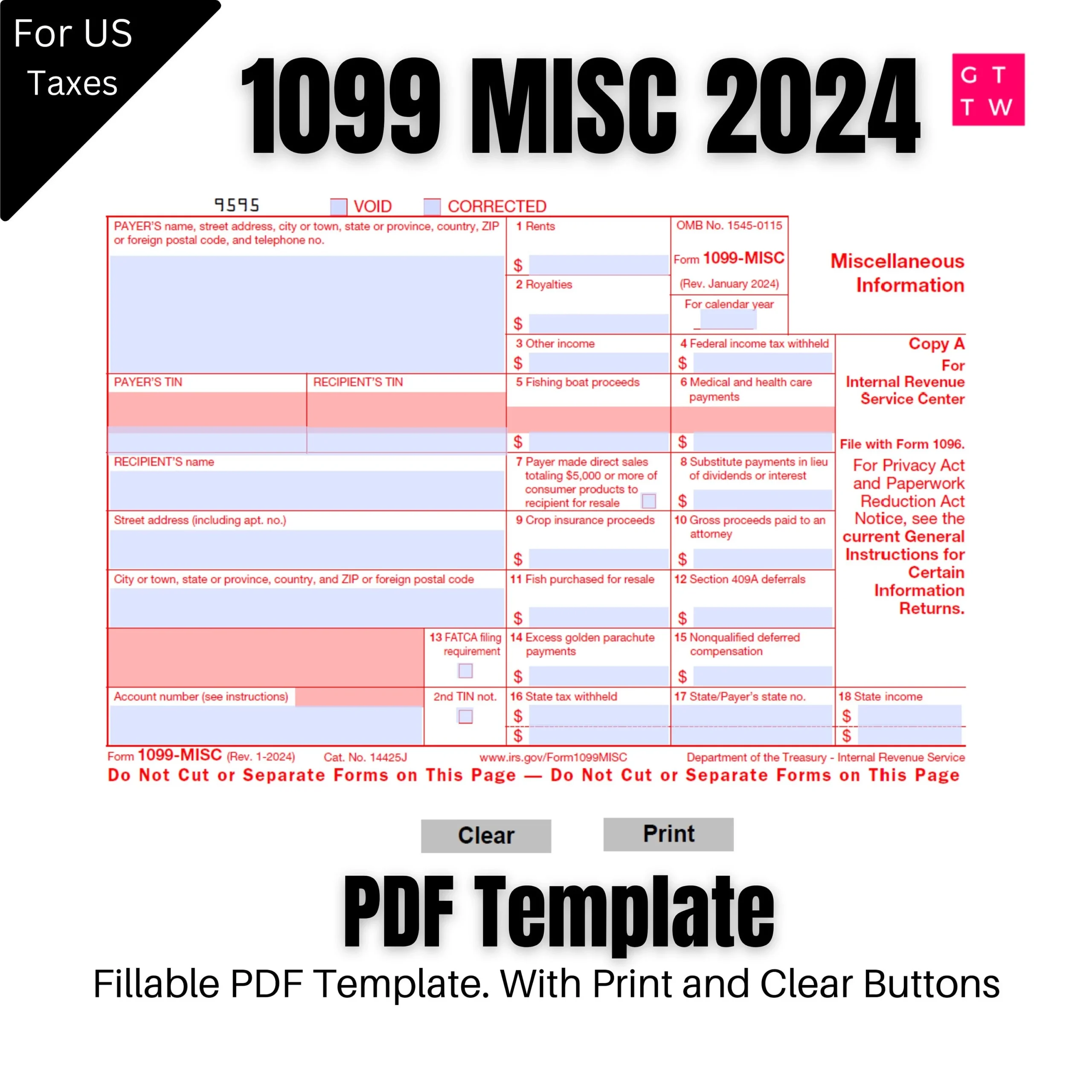 2024 1099 MISC Form Ausf llbare Druckvorlage Digitaler Download 