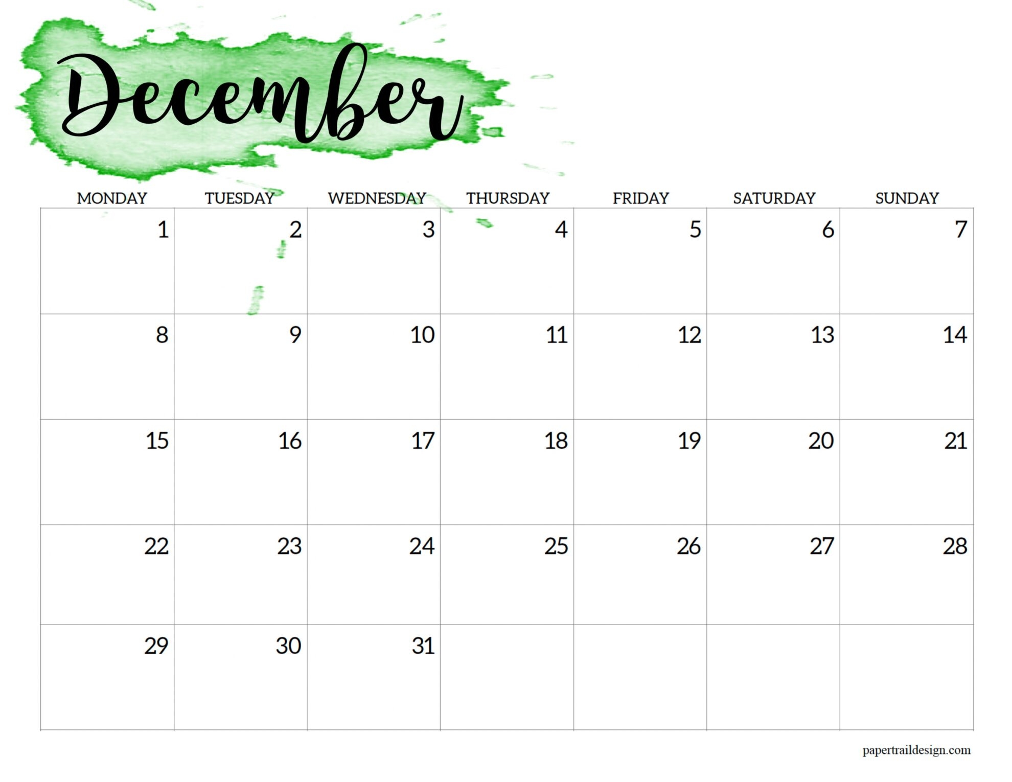 Calendar December 2025 Printable Starting Monday