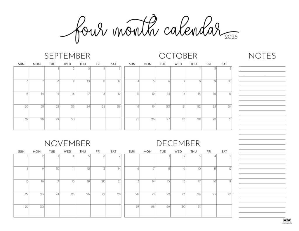 2026 Four Month Calendars 31 FREE Printables Printabulls