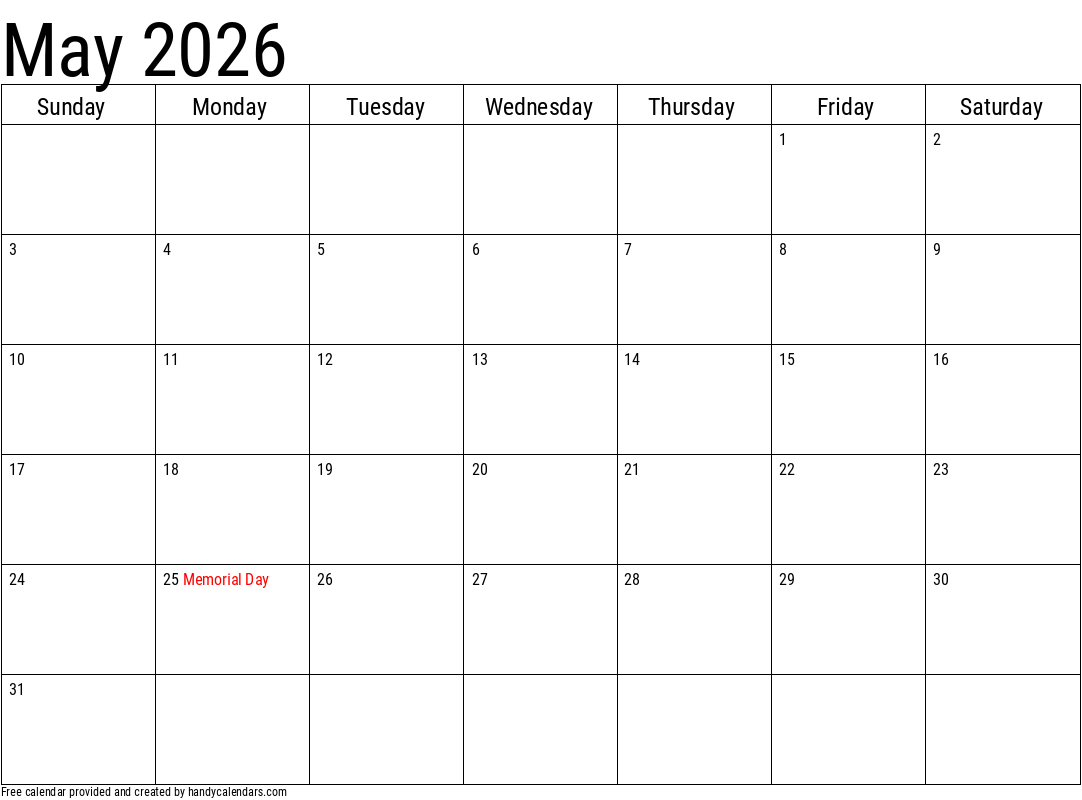 Calendar For May 2026