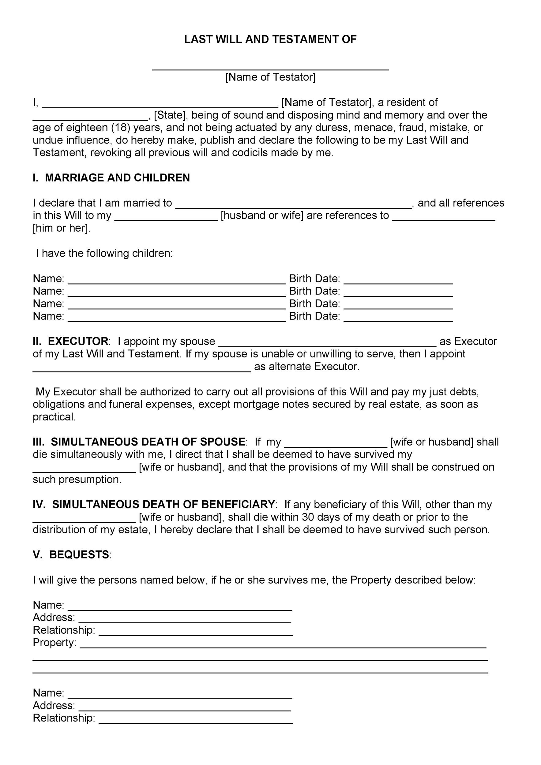 Free Printable Simple Will Template