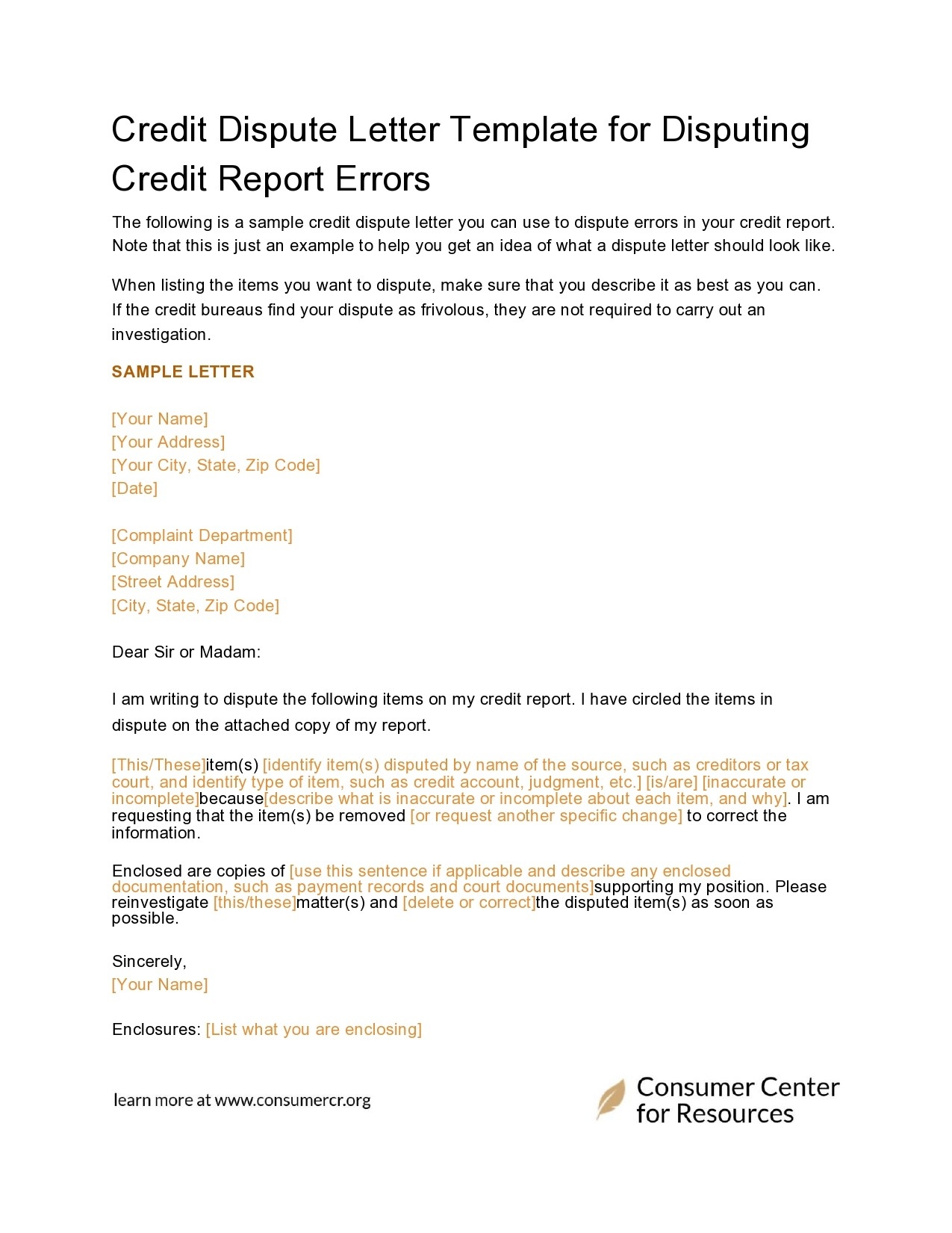 Printable Free 609 Credit Dispute Letter Templates
