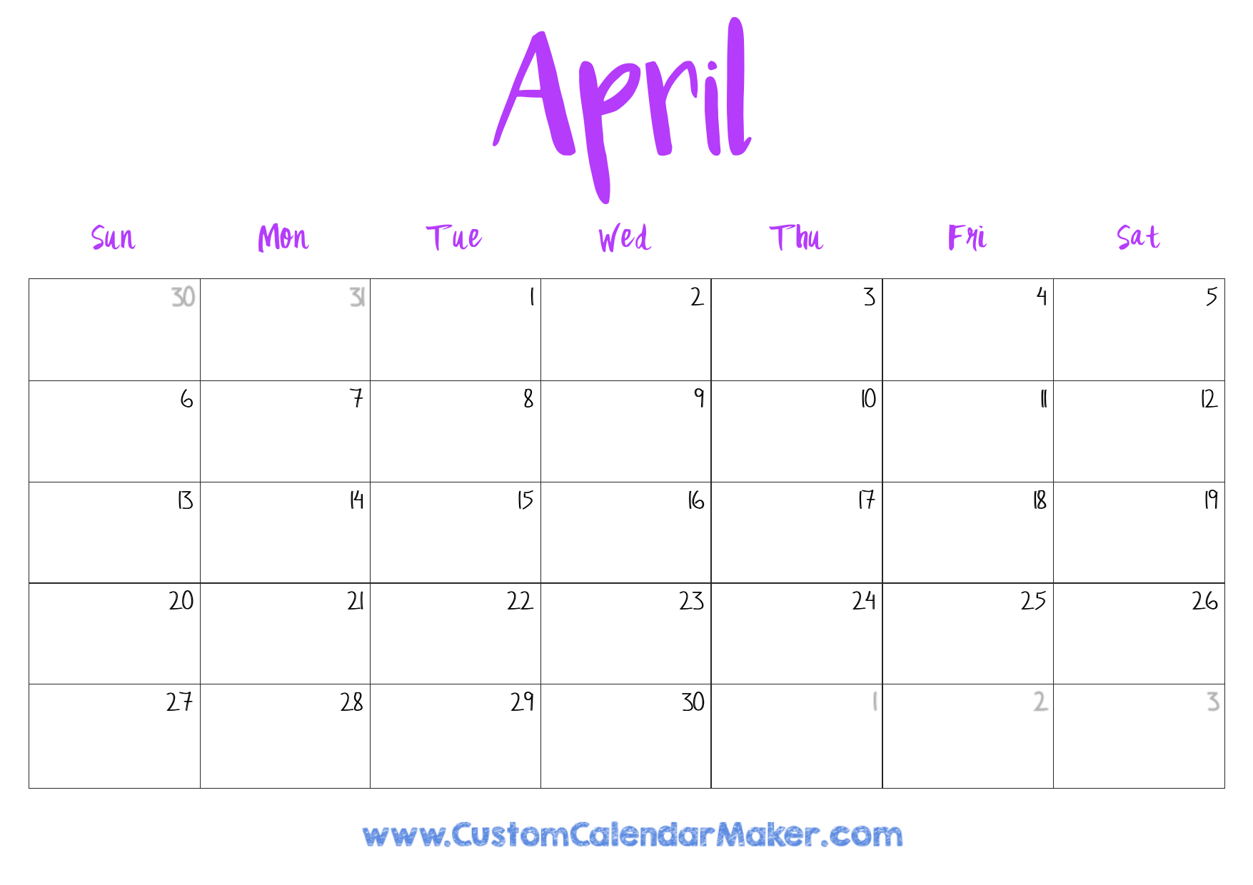 April Lunar Calendar Printable Blank
