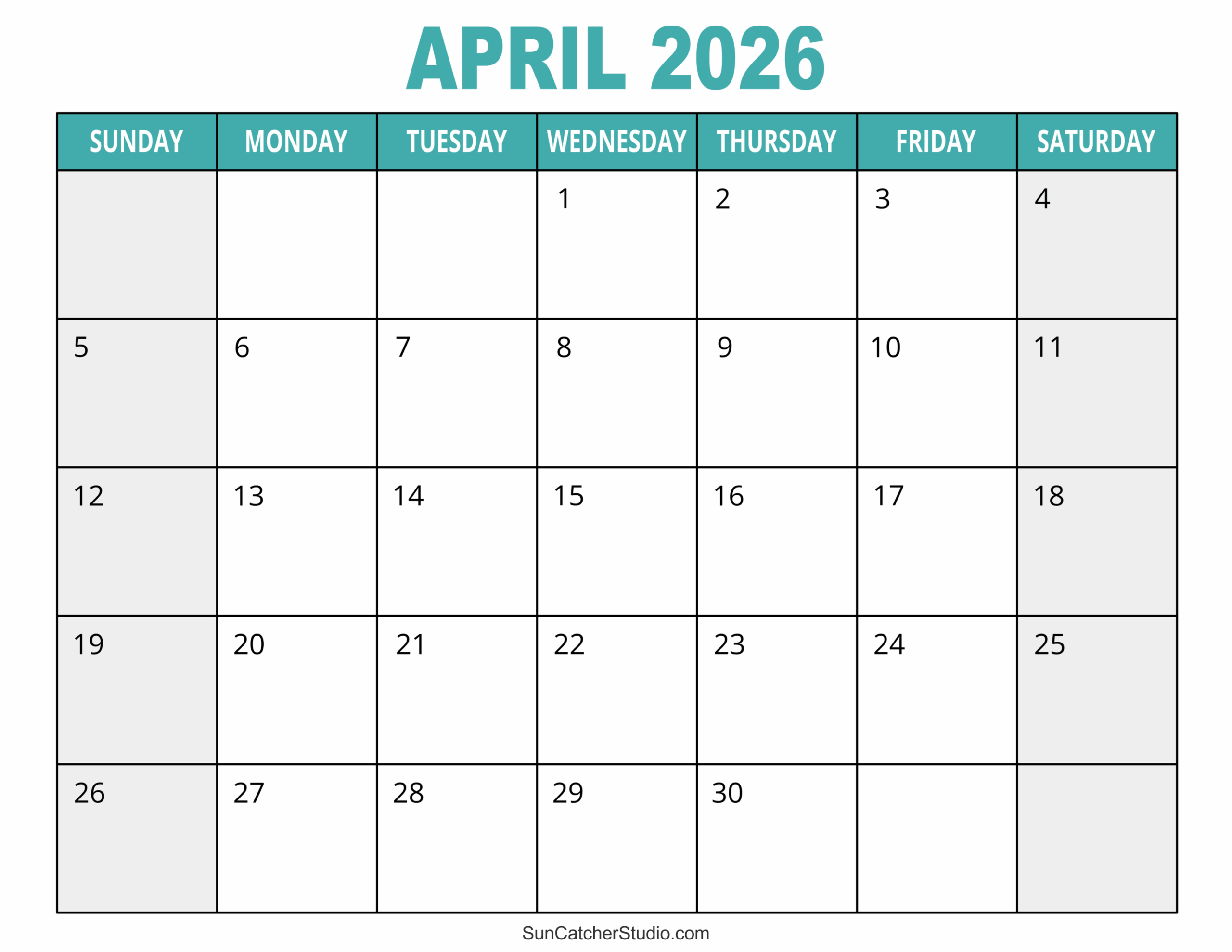 Printable Blank Calendar Monthly 2026