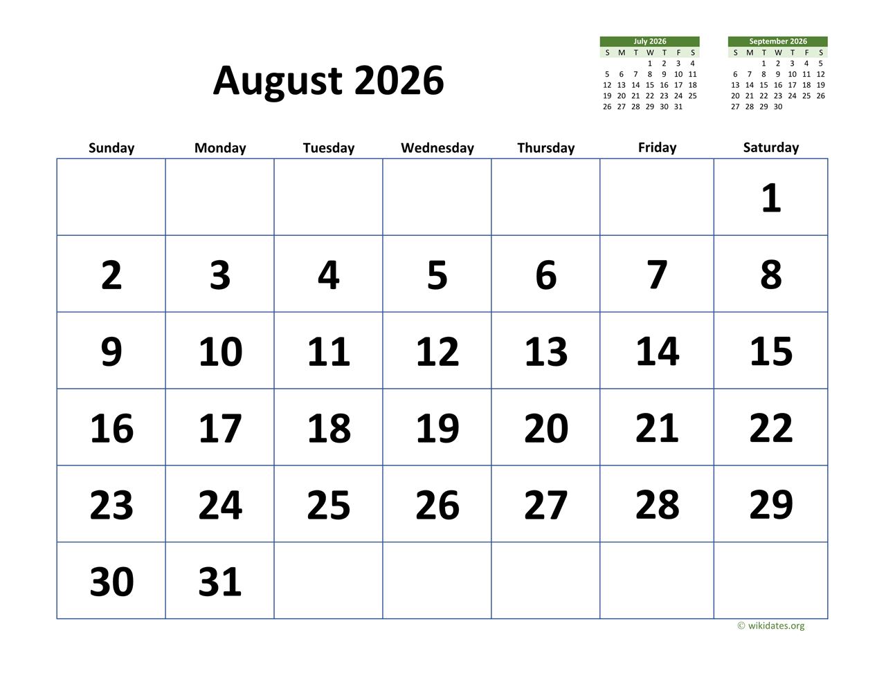 Calendar Of August 2026