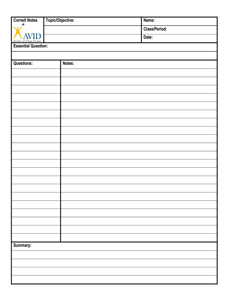 AVID Cornell Notes Form Fill Online Printable Fillable Blank 