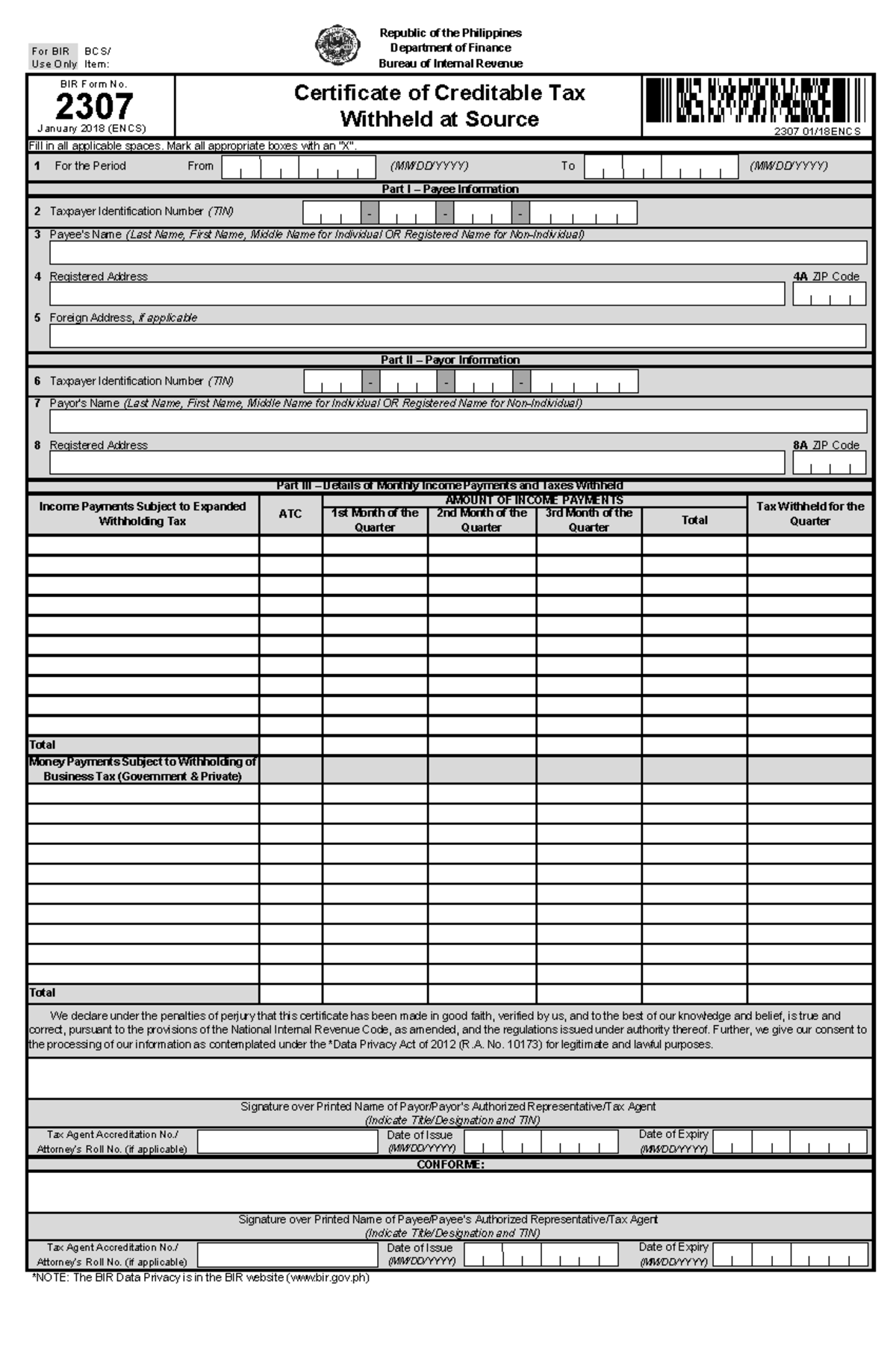 Bir Form 2307 Download Editable Free