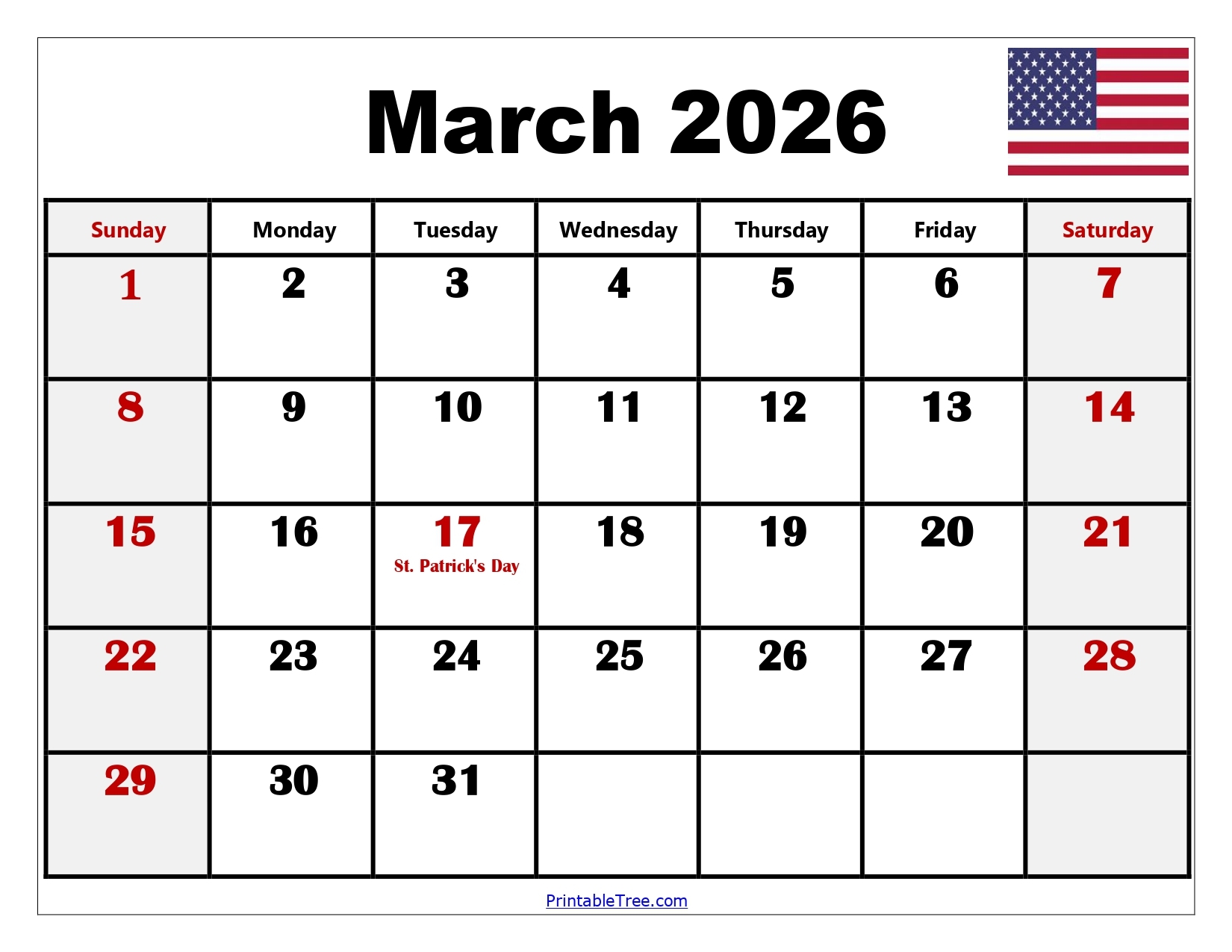 Calendar Template March 2026 Printable