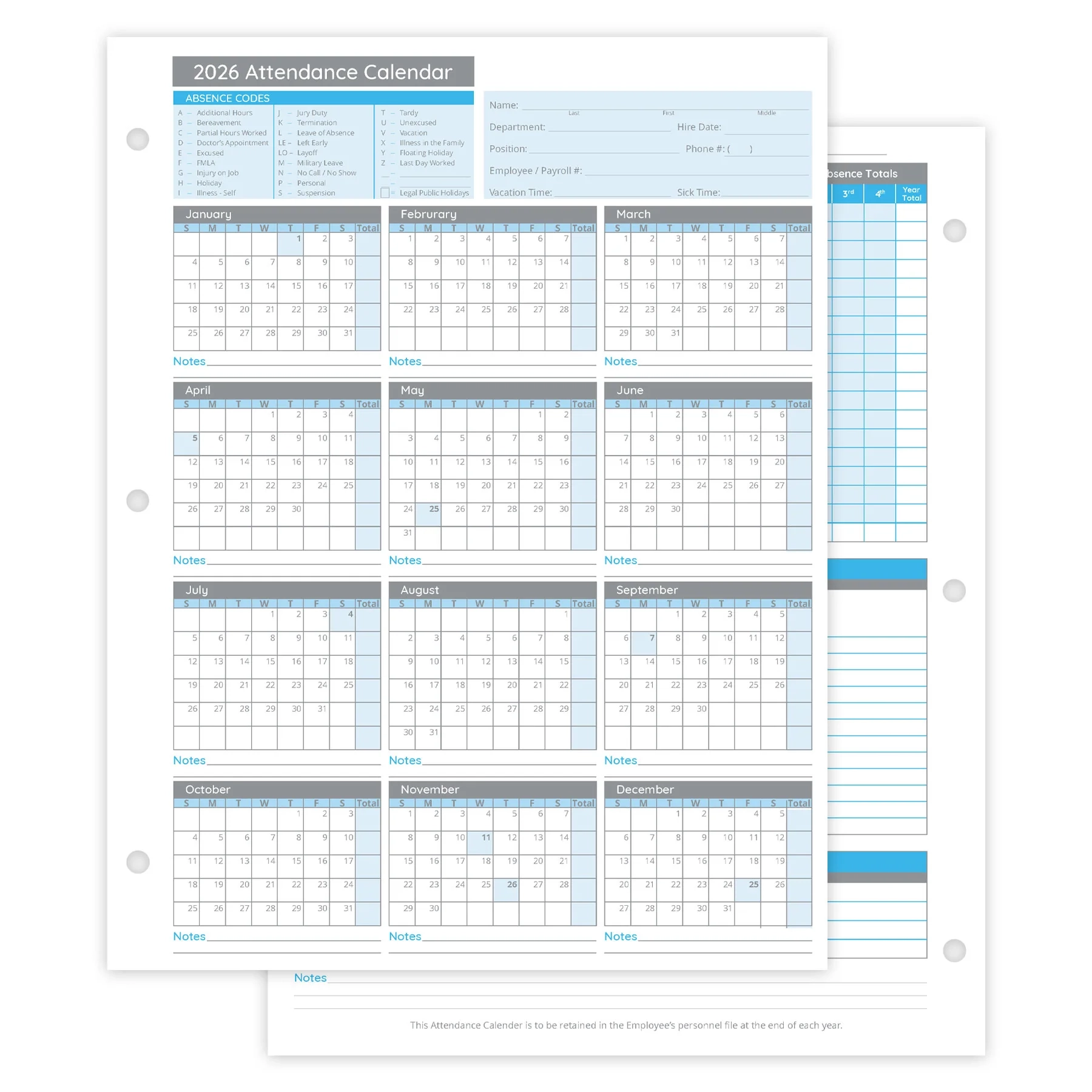 2026 Attendance Calendar Printable Free