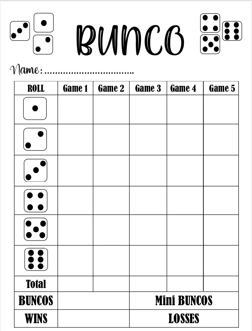 Printable Template Bunco Score Sheets