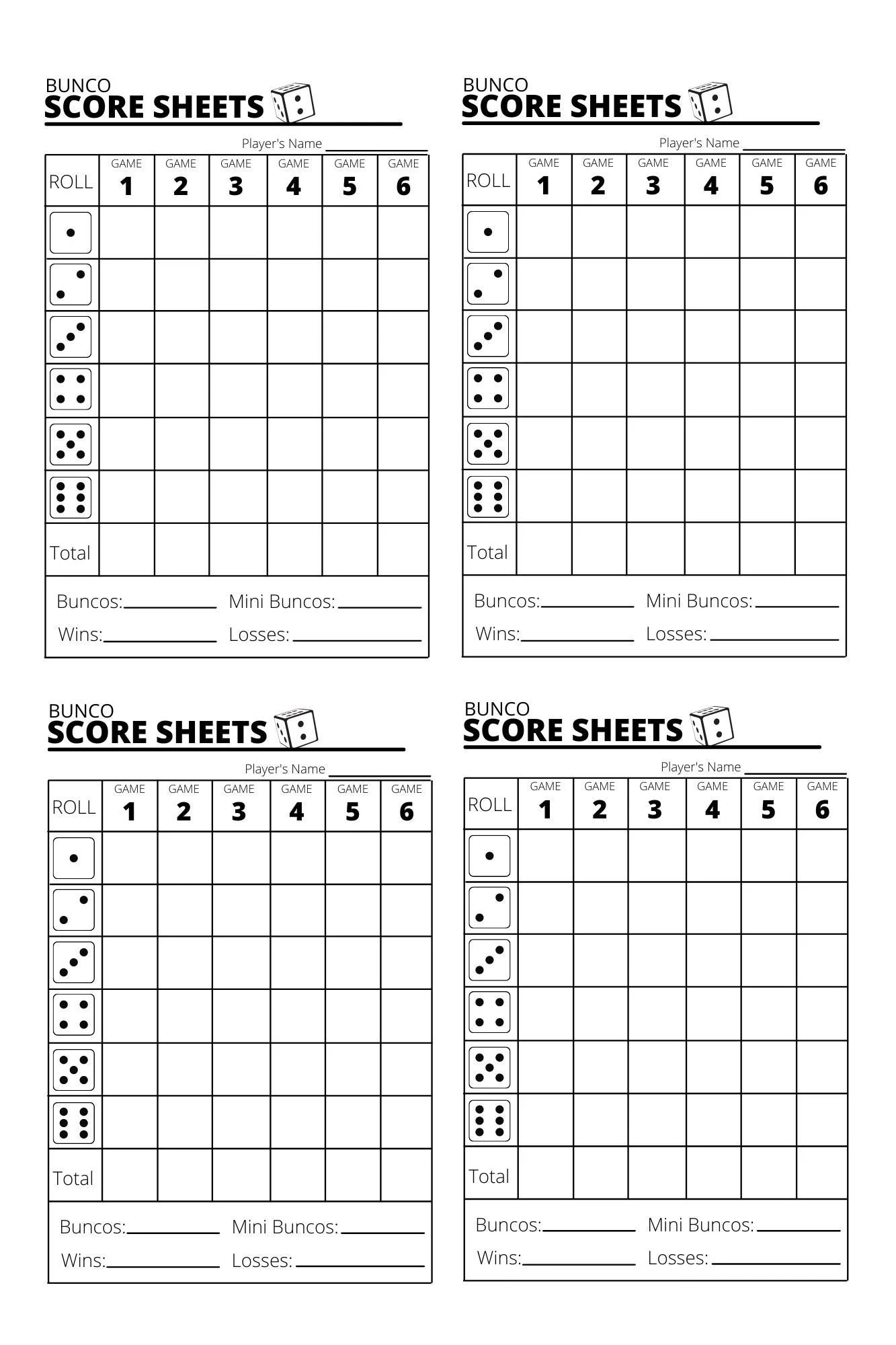 Bunco Score Sheets X4 Bunco Score Sheets Printable PDF Etsy 