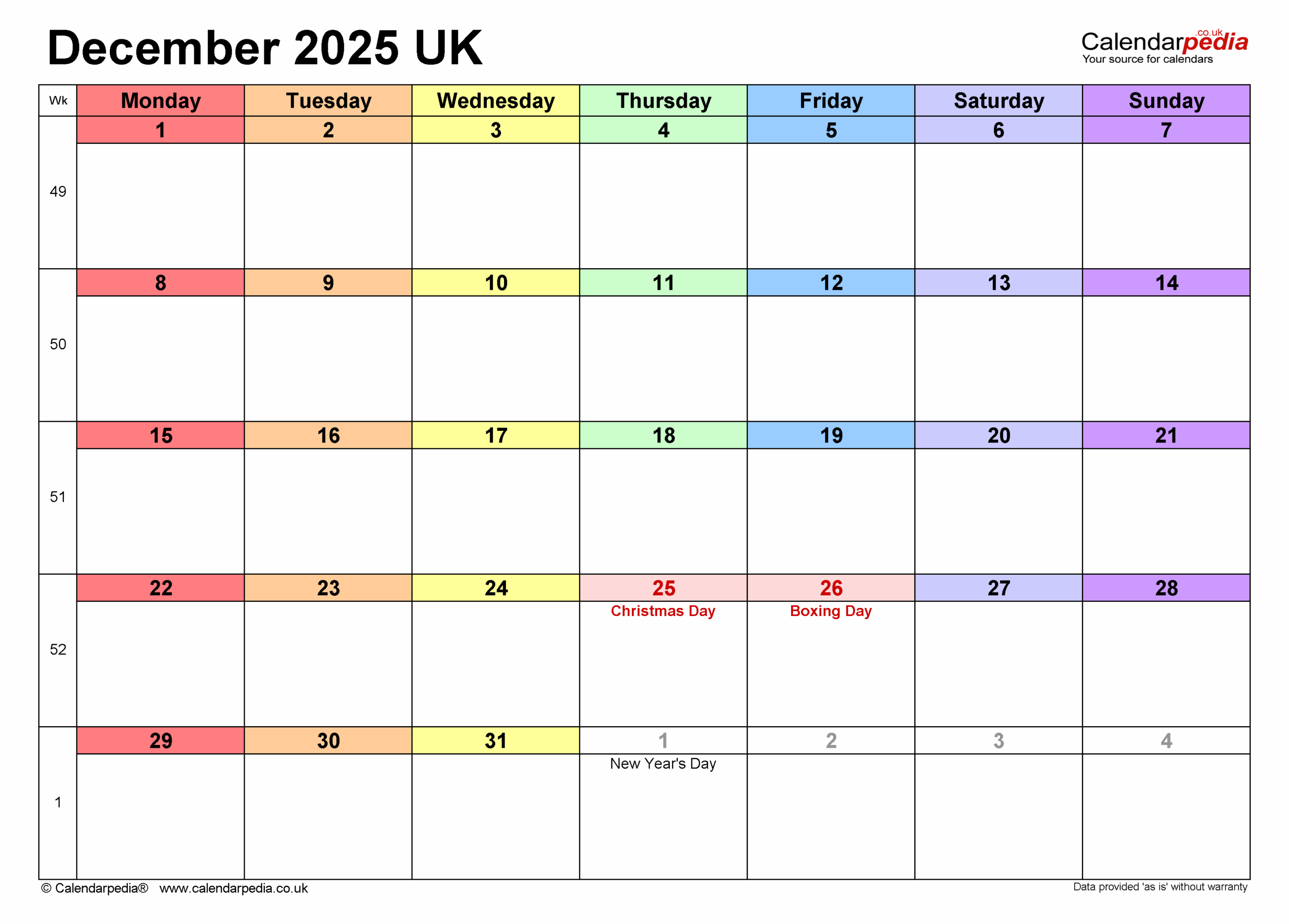 Uk Box Calendar 2025 Printable December