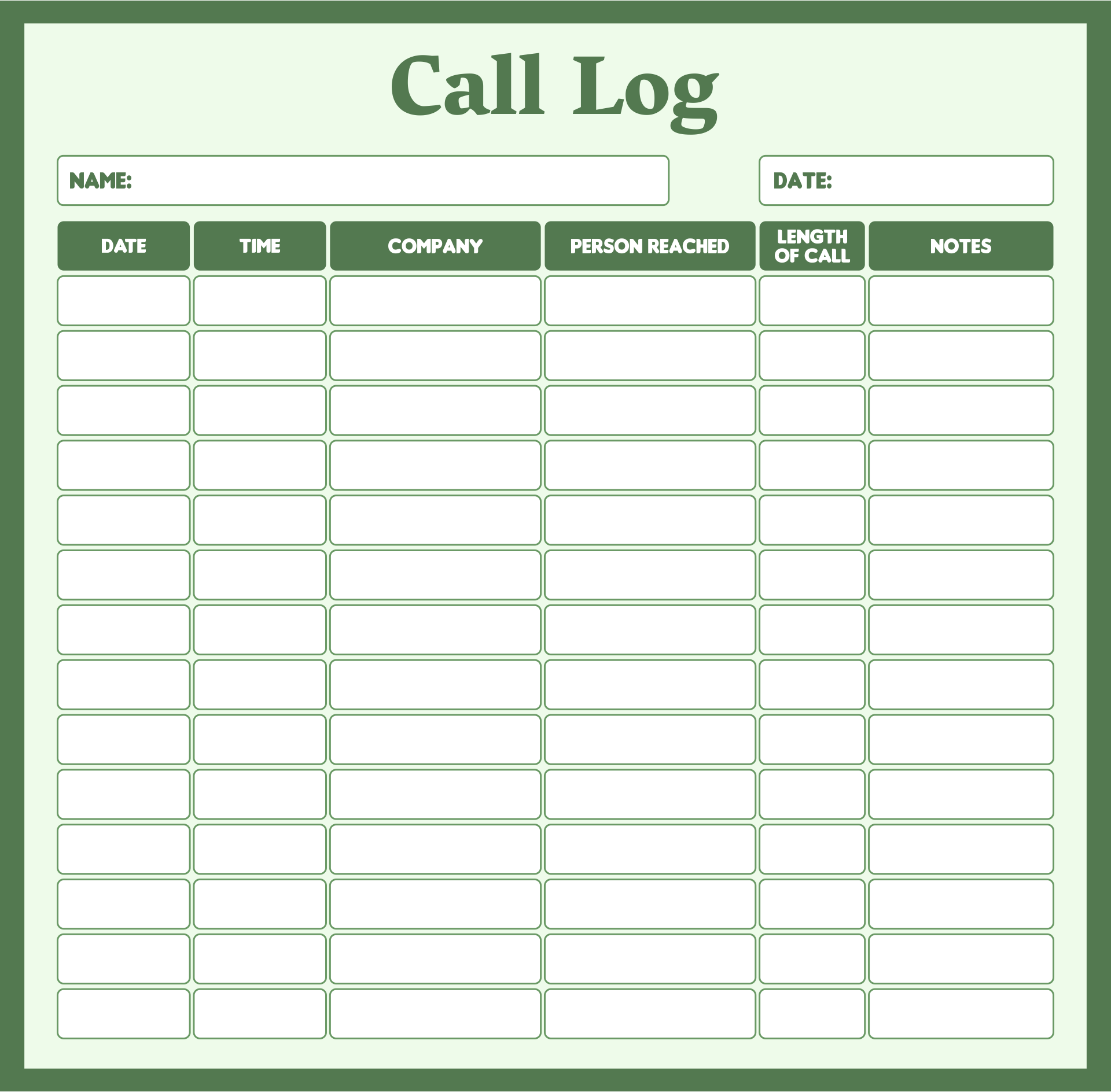 Call Log Template Printable