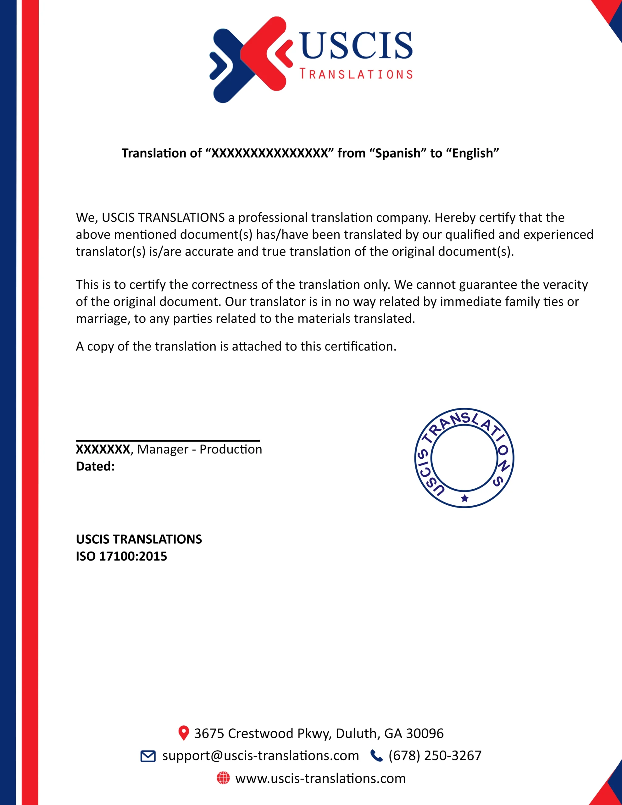 Uscis Printable Birth Certificate Translation Template