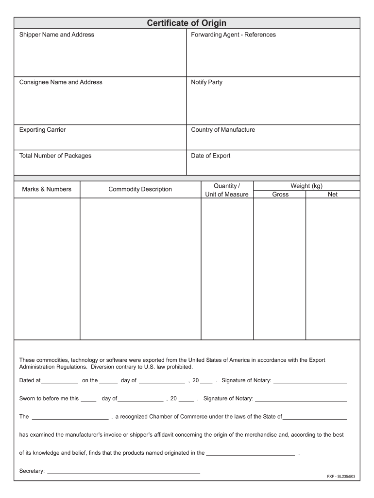 Certificate Of Origin FXF SL235503 Form Fill Online Printable 