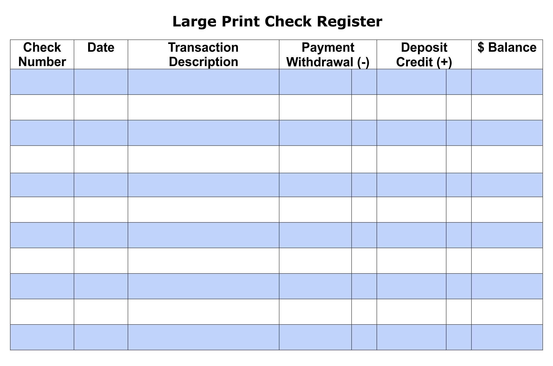 Checkbook Register Template Printable