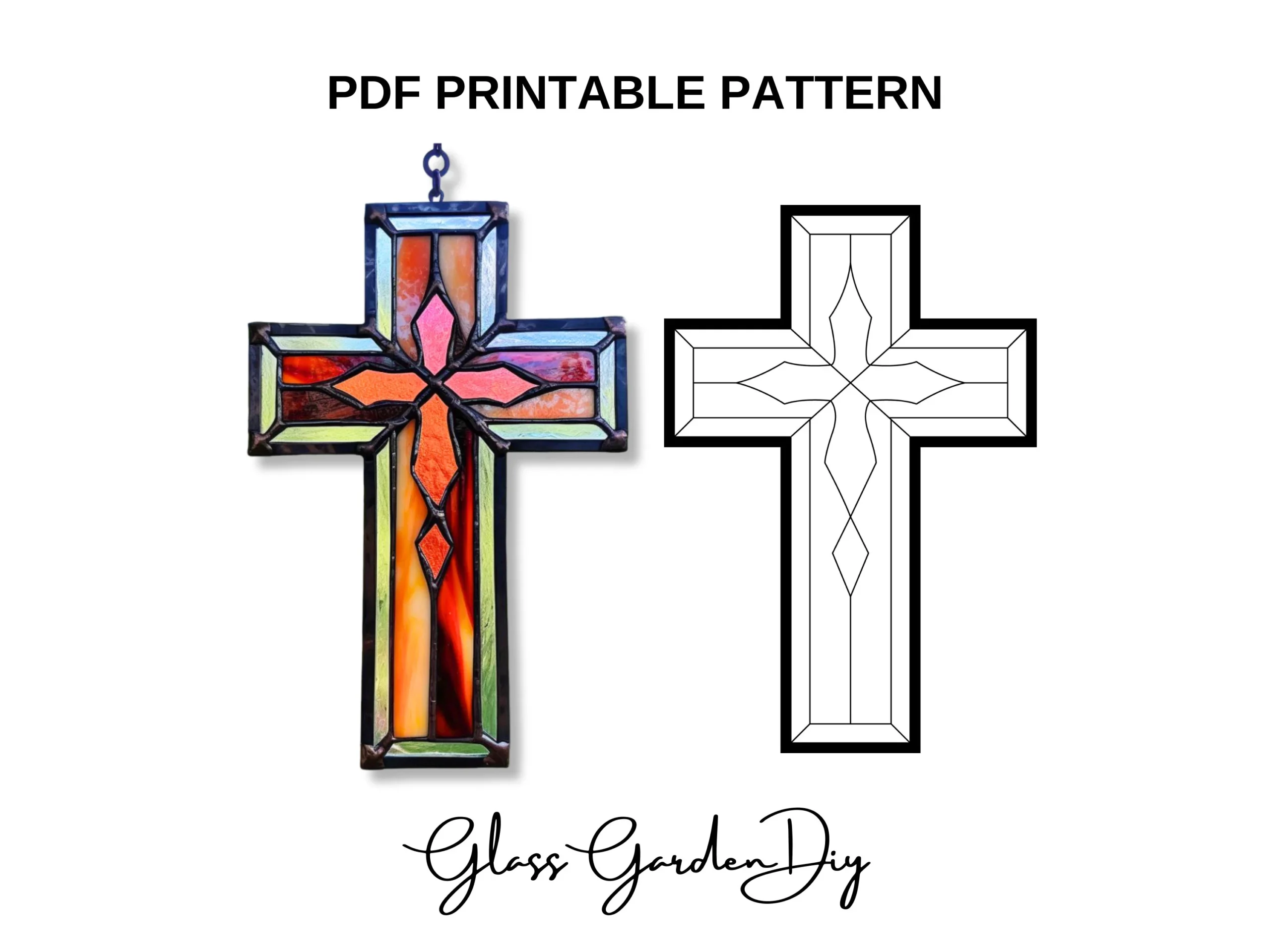 Christian Cross Church Decor Stained Glass Pattern PNG PDF 