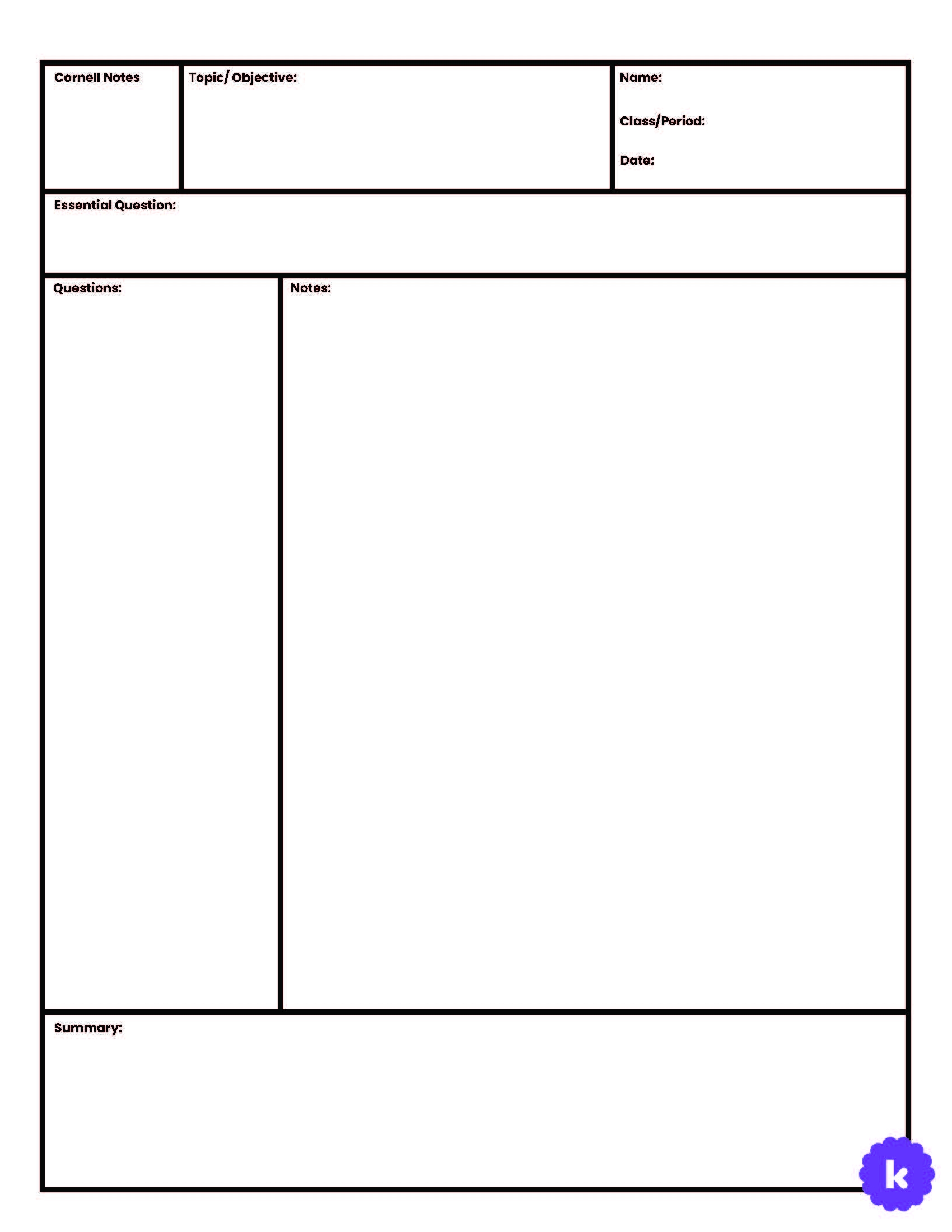 Cornell Notes Lined For Teachers Perfect For Grades 10th 11th 
