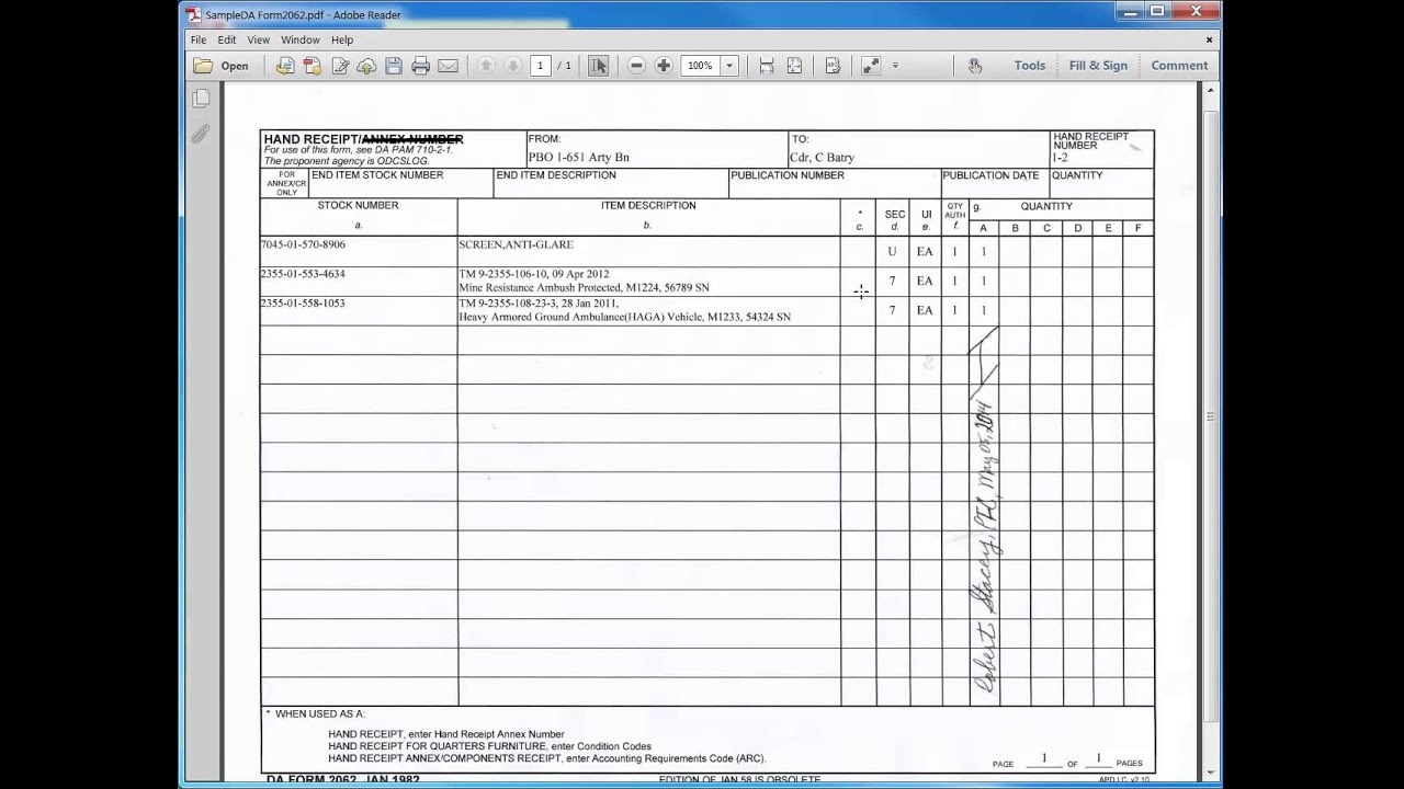 Da Form 2062 Jan 1982