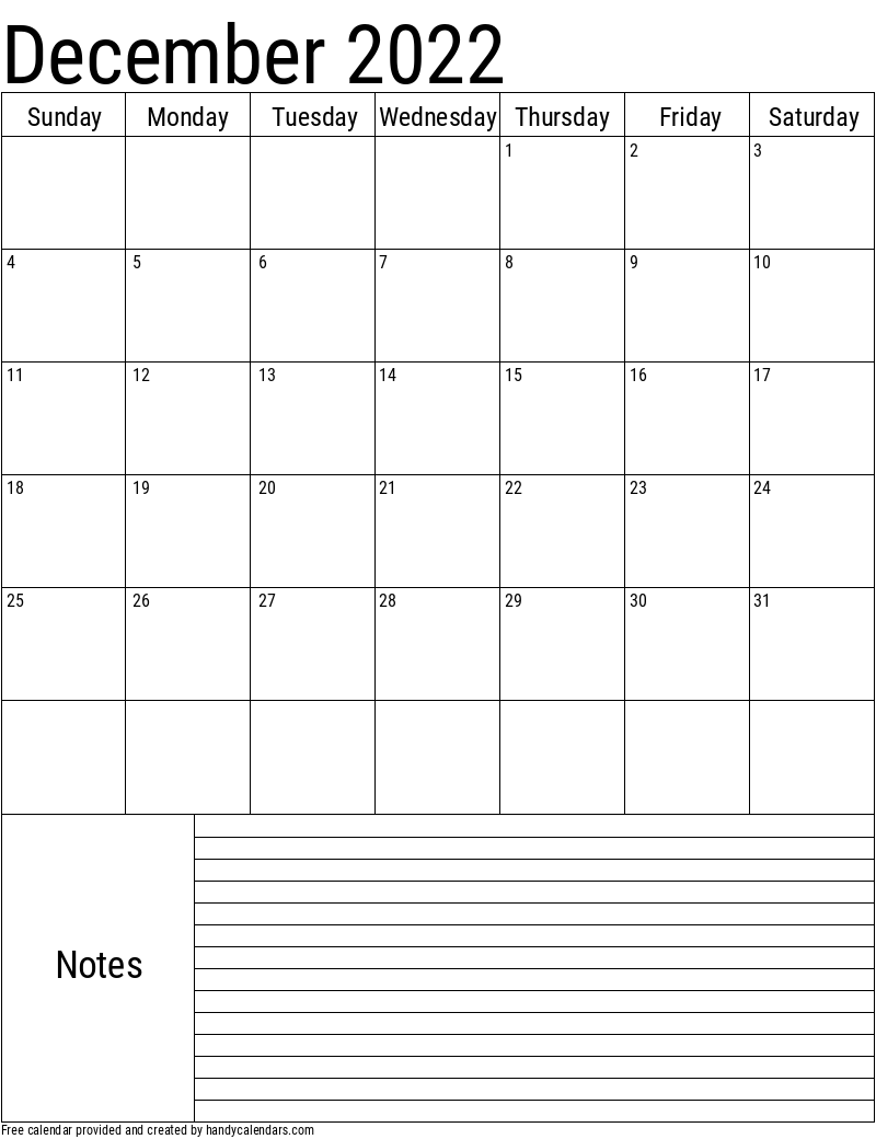 December Printable Calendar With Notes