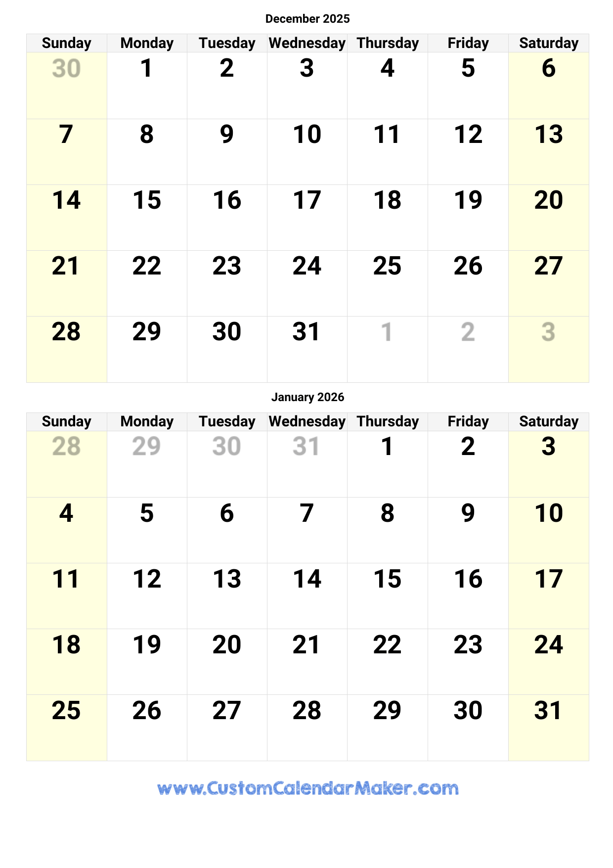 December 2025 January 2026 Calendar Printable