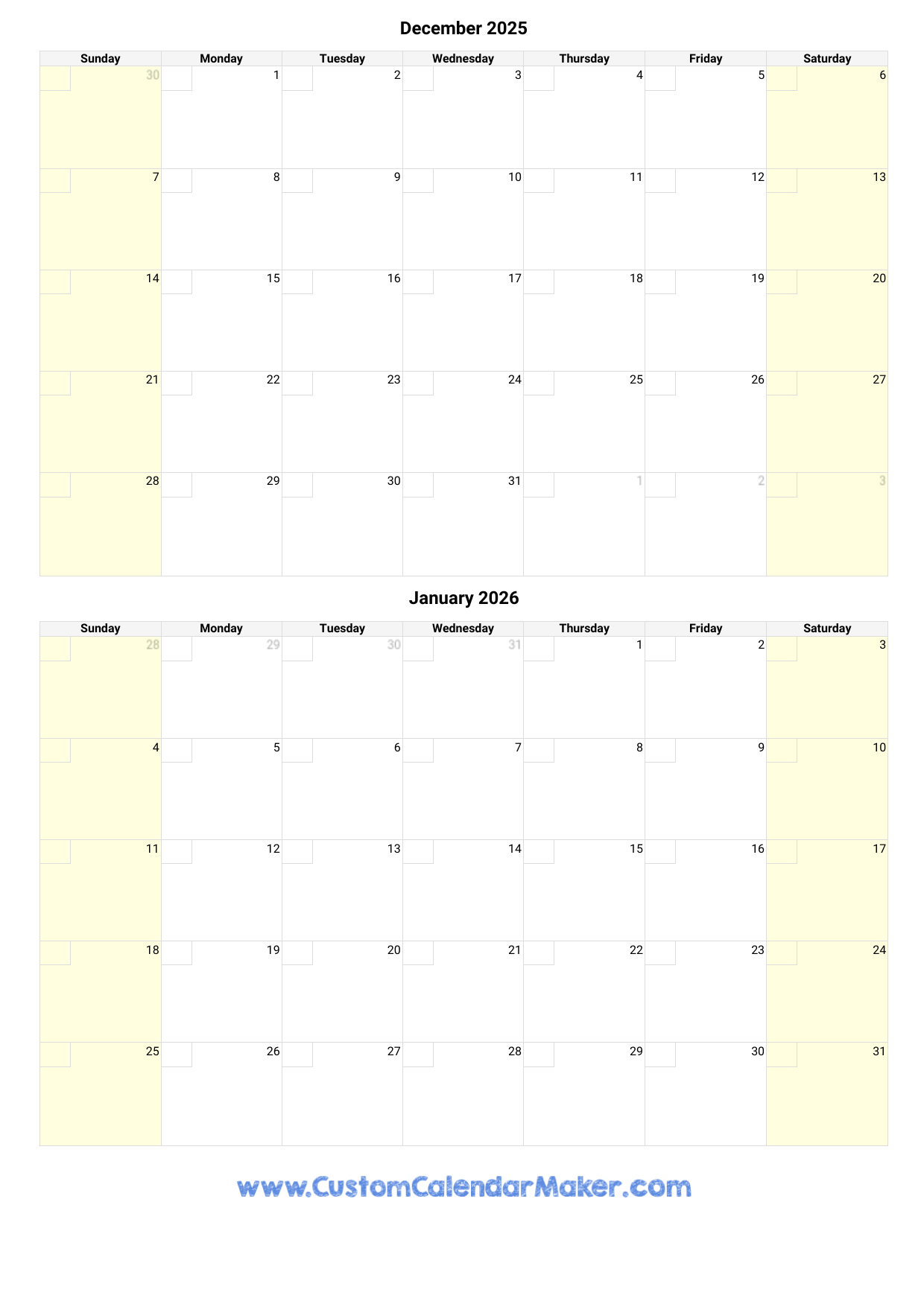December January Calendar Printable