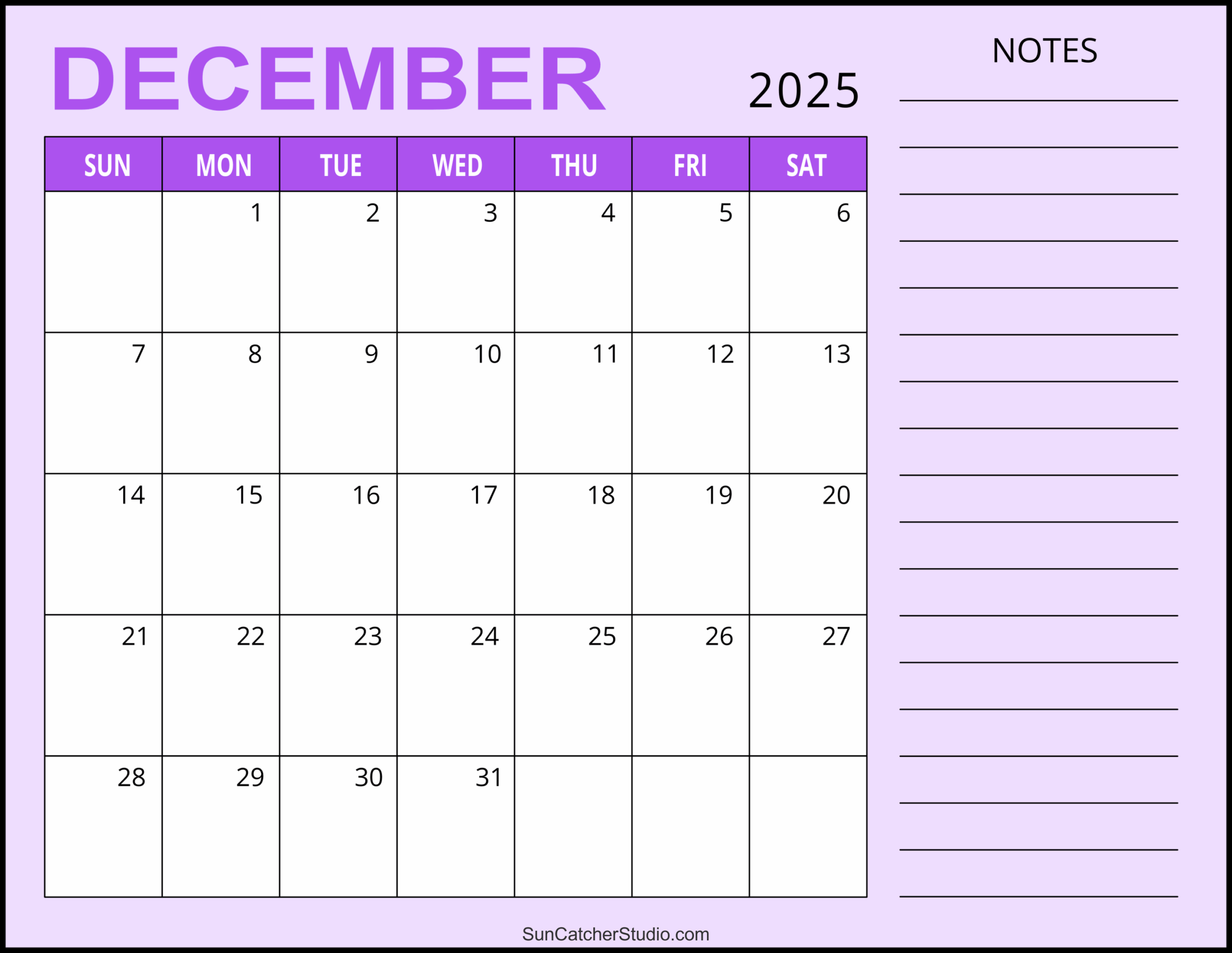 2025 Printable December 2025 Calendar
