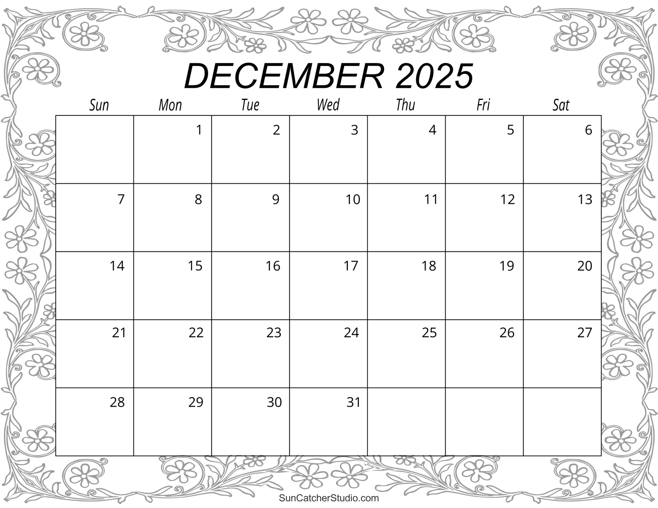 2025 Printable Coloring Calendars December