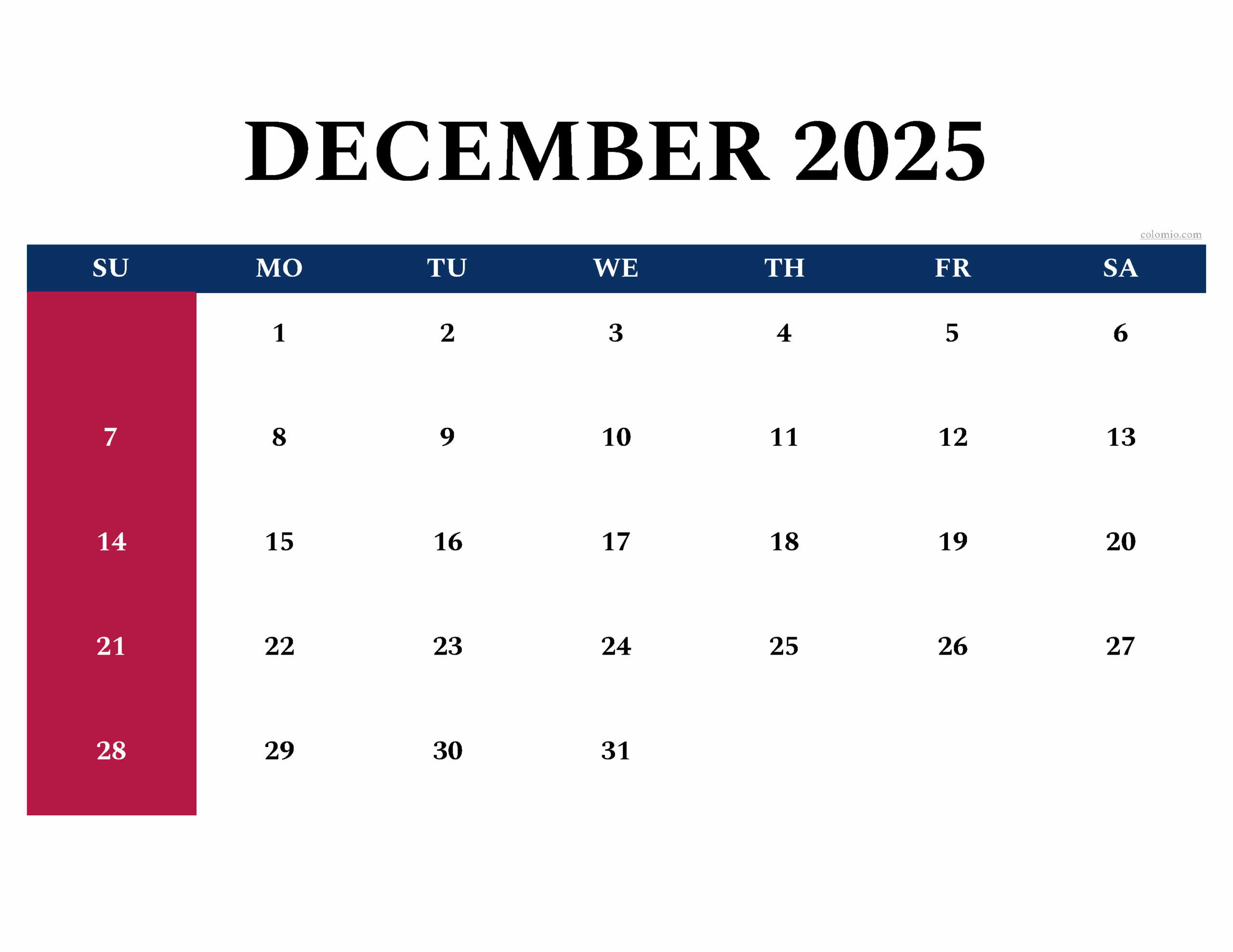 Printable December 2025 Calendar Wincalendar