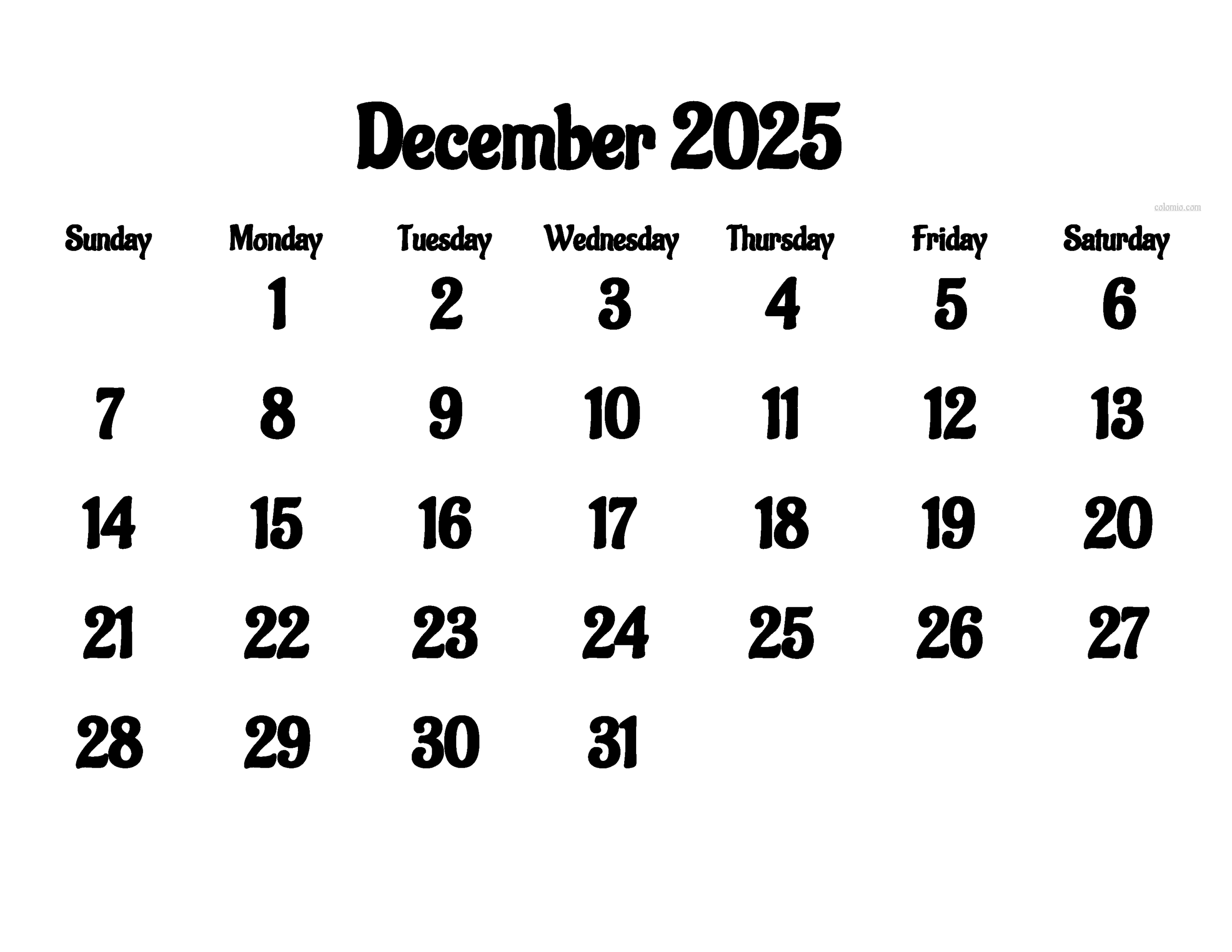 December 2025 Calendar Landscape Printable