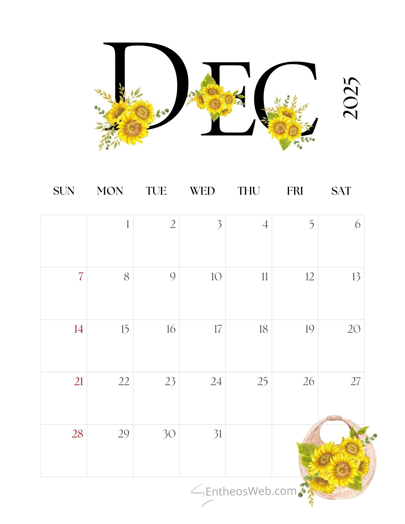 December 2025 Calendar Free Printables EntheosWeb