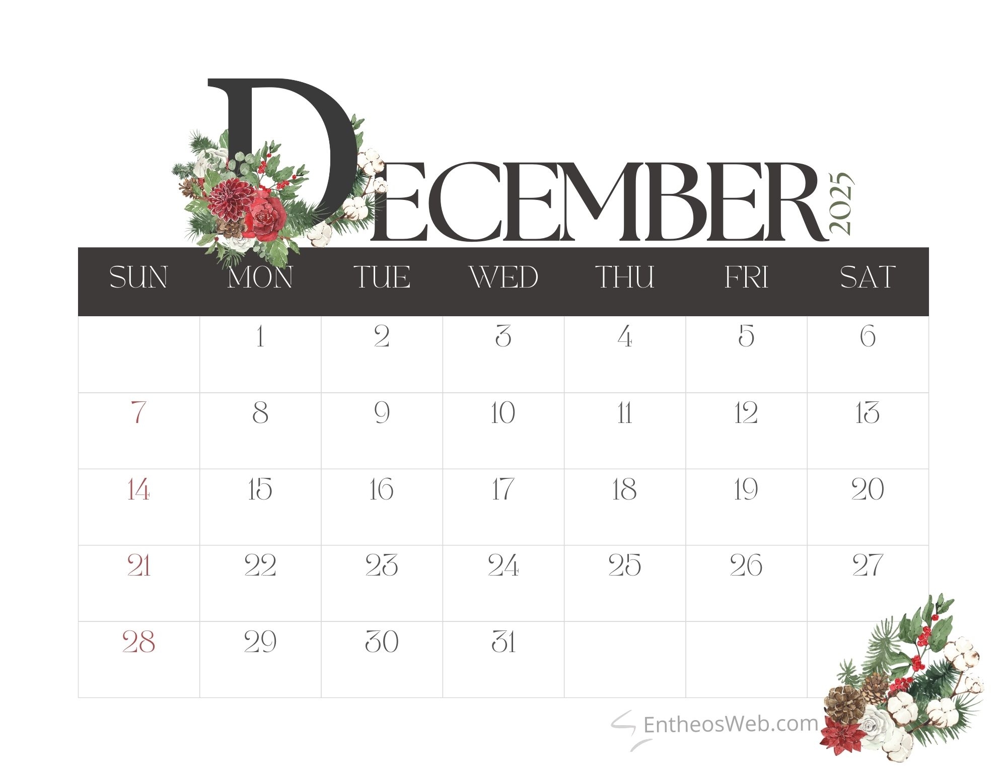 Printable Calendar December 2025 Caligraphy