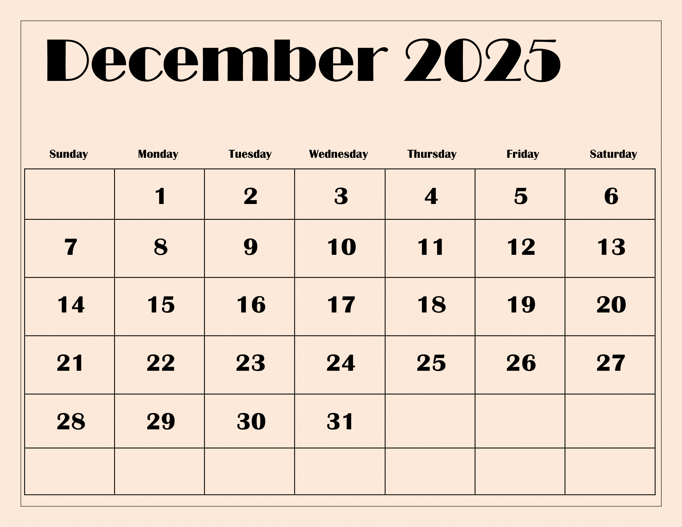 Month Of December 2025 Calendar Printable
