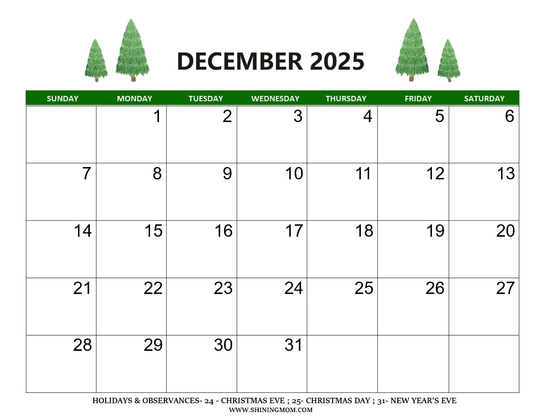 December 2025 Calendar Printable With Holidays