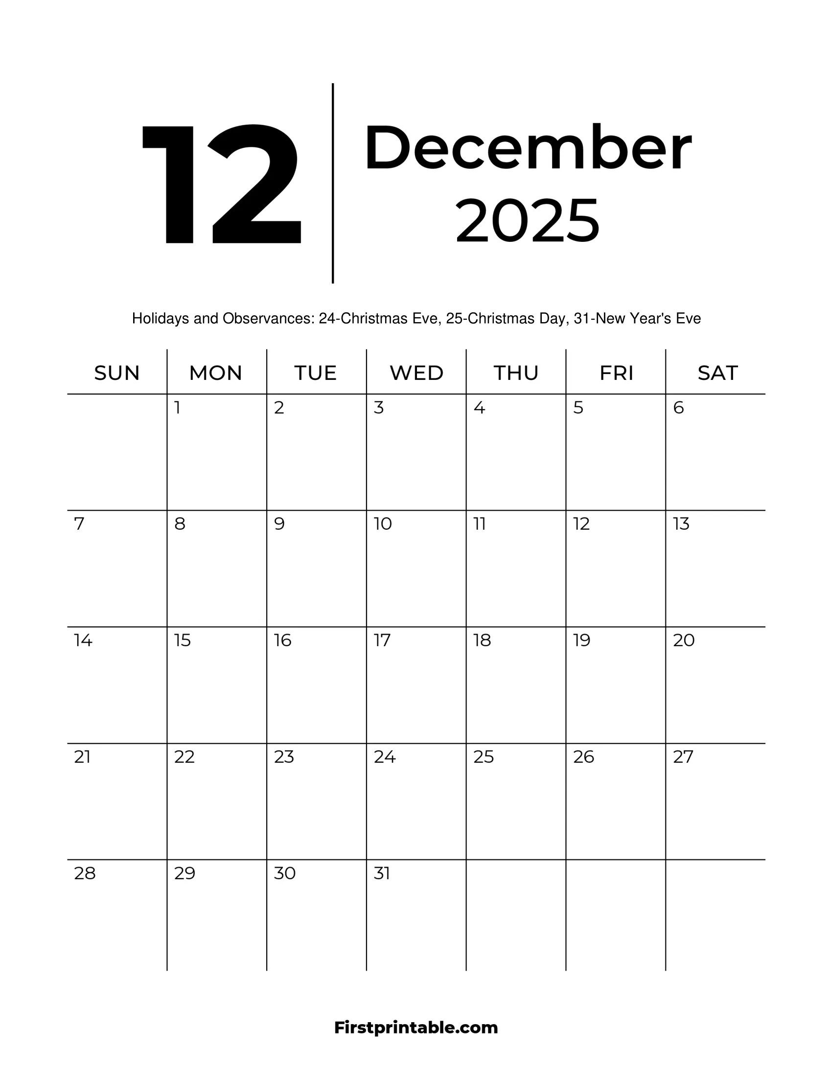 December 2025 Calendars Free Printable amp Fillable