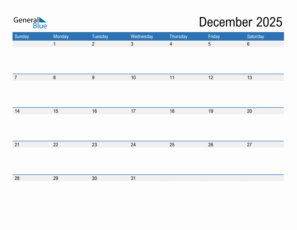 December 2025 Monthly Calendar PDF Word Excel 