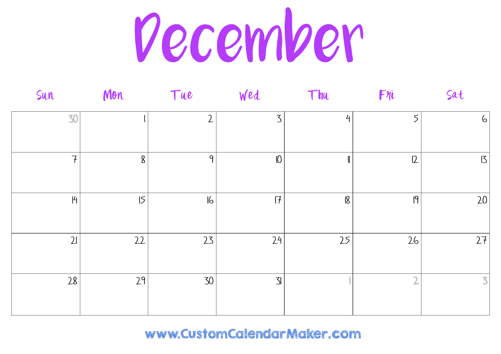 2025 Calendar Printable December