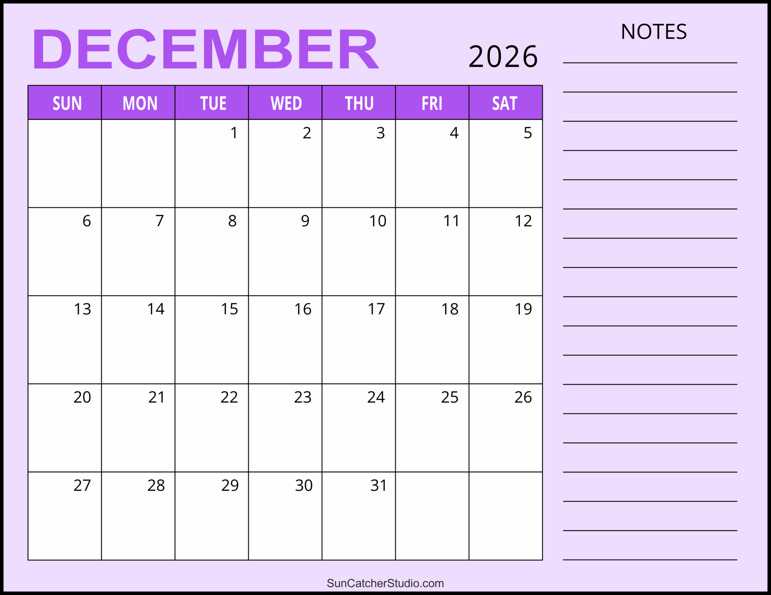 Free Printable Blank December 2026 Calendar