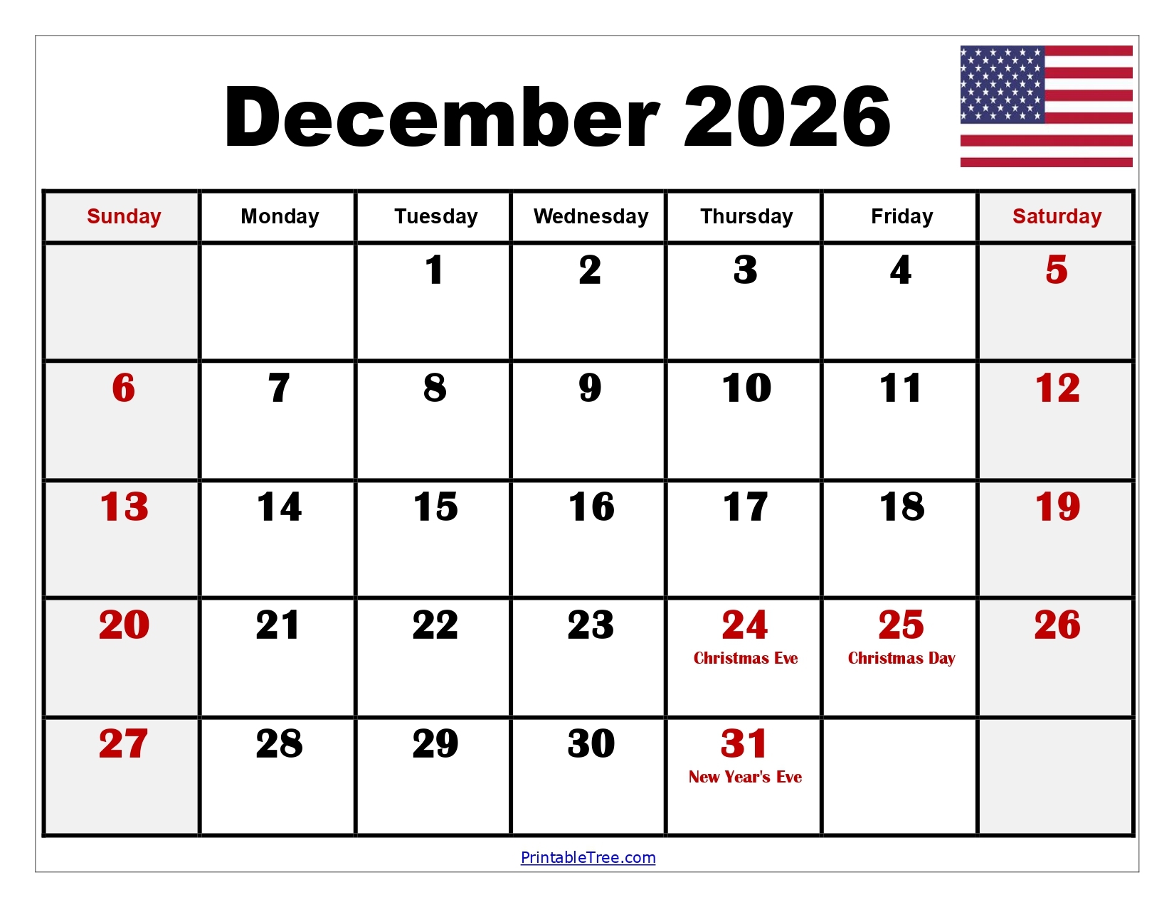 Blank 2026 December Calendar Printable