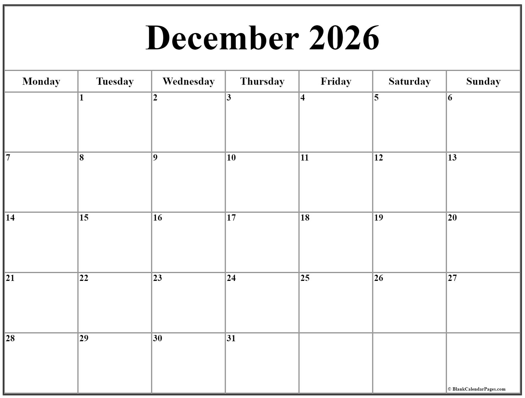 Blank Calendar Dec 2026 Printable