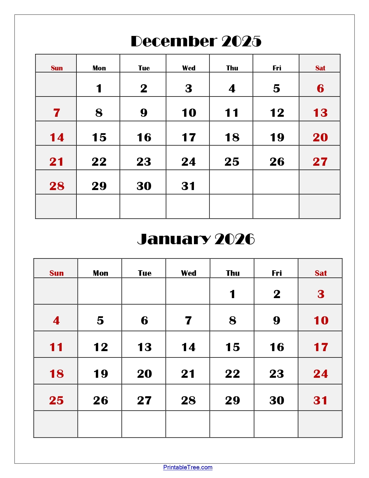 Printable December January Calendar