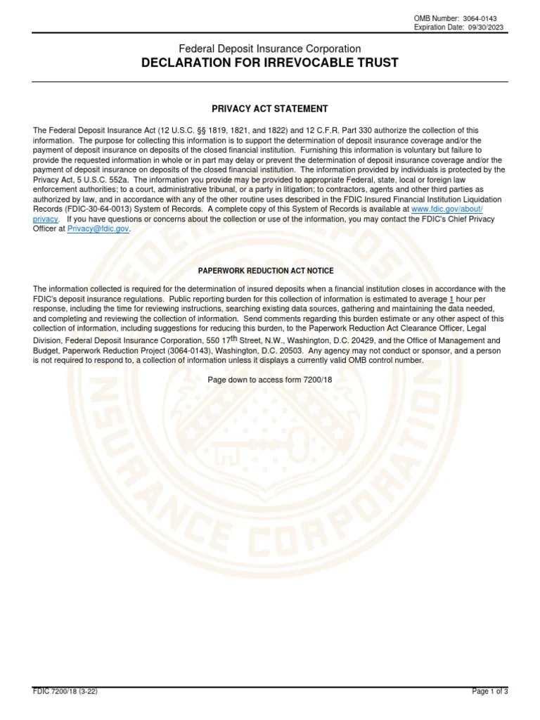 Declaration For Irrevocable Trust Federal Deposit Insurance 