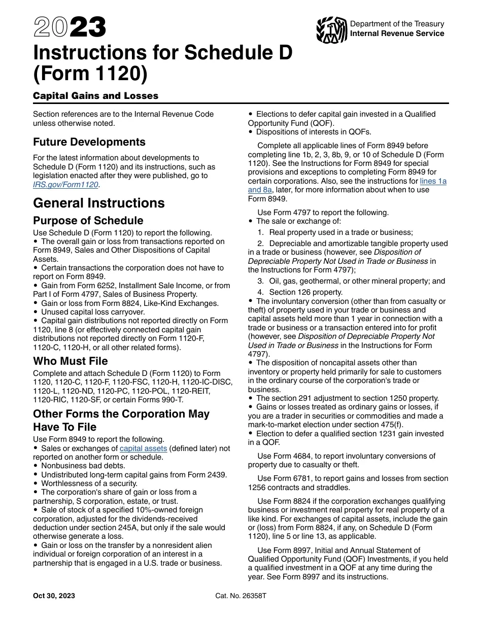 Download Instructions For IRS Form 1120 Schedule D Capital Gains 