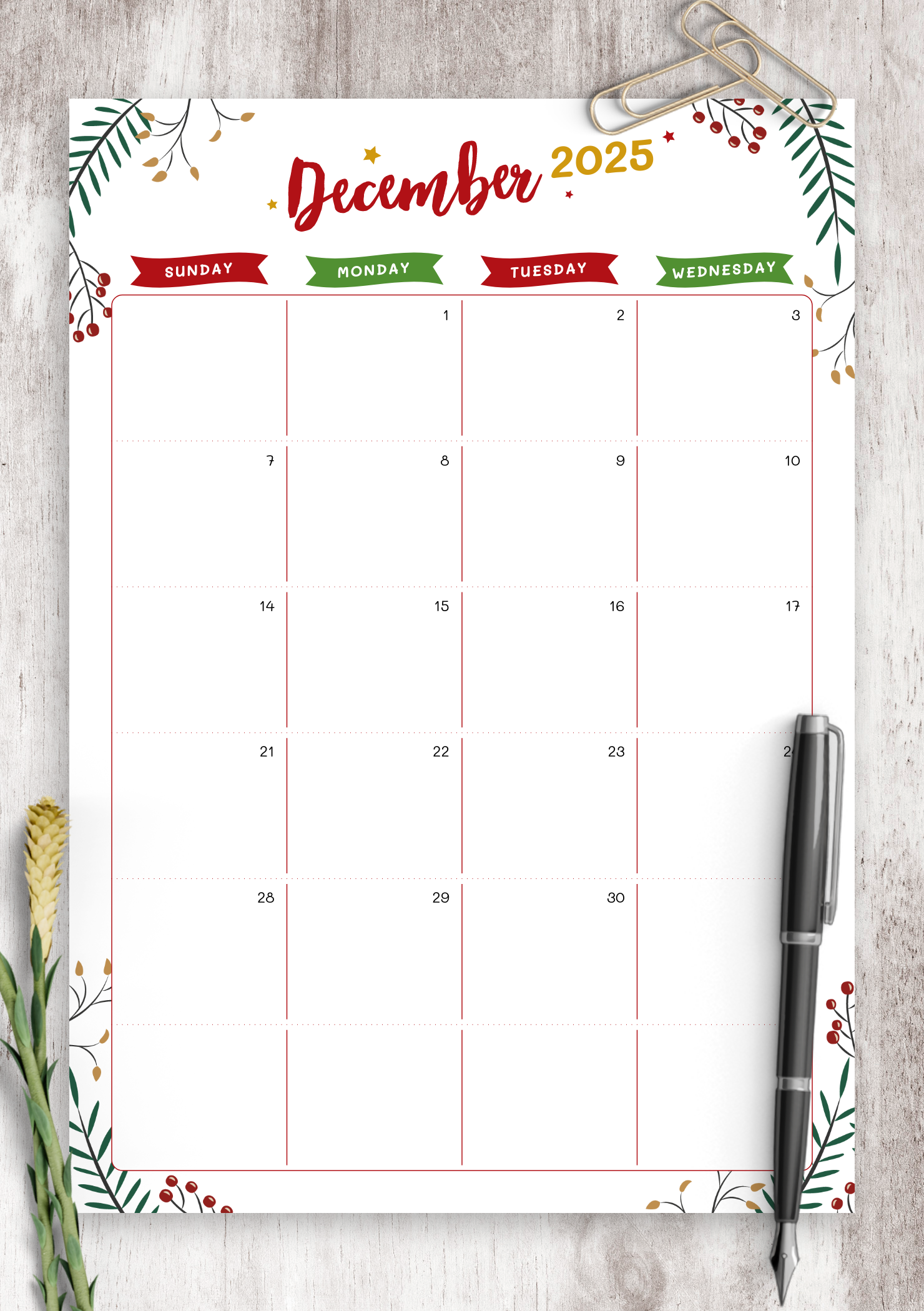 Download Printable Christmas Style December Calendar PDF