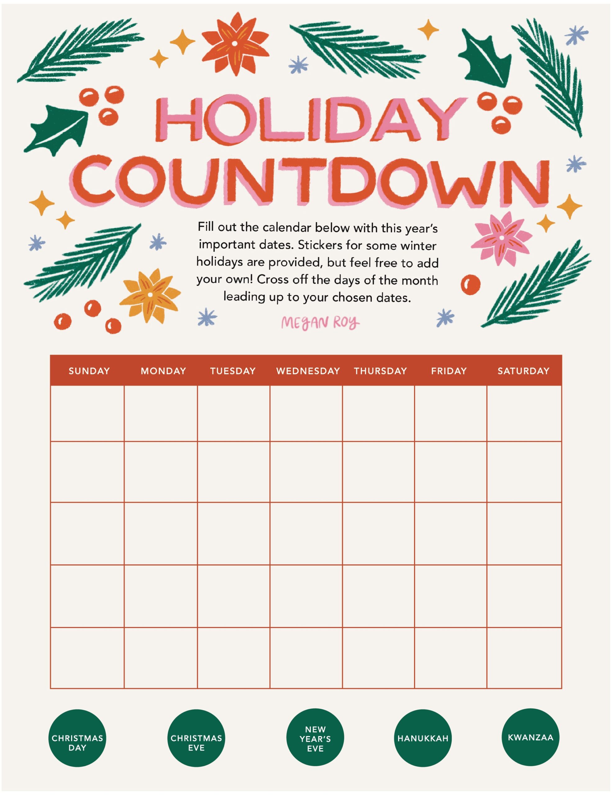 Printable Holiday Calendar For December