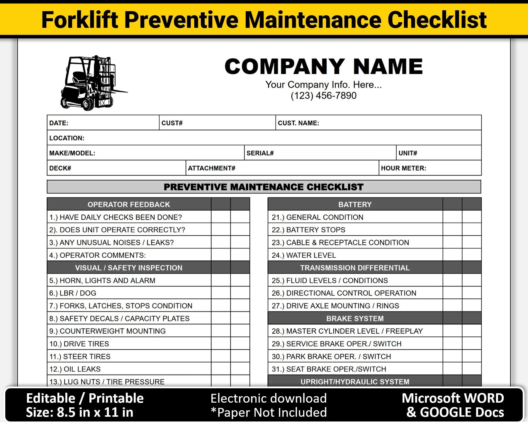 Printable Free Weekly Forklift Inspection Checklist Template