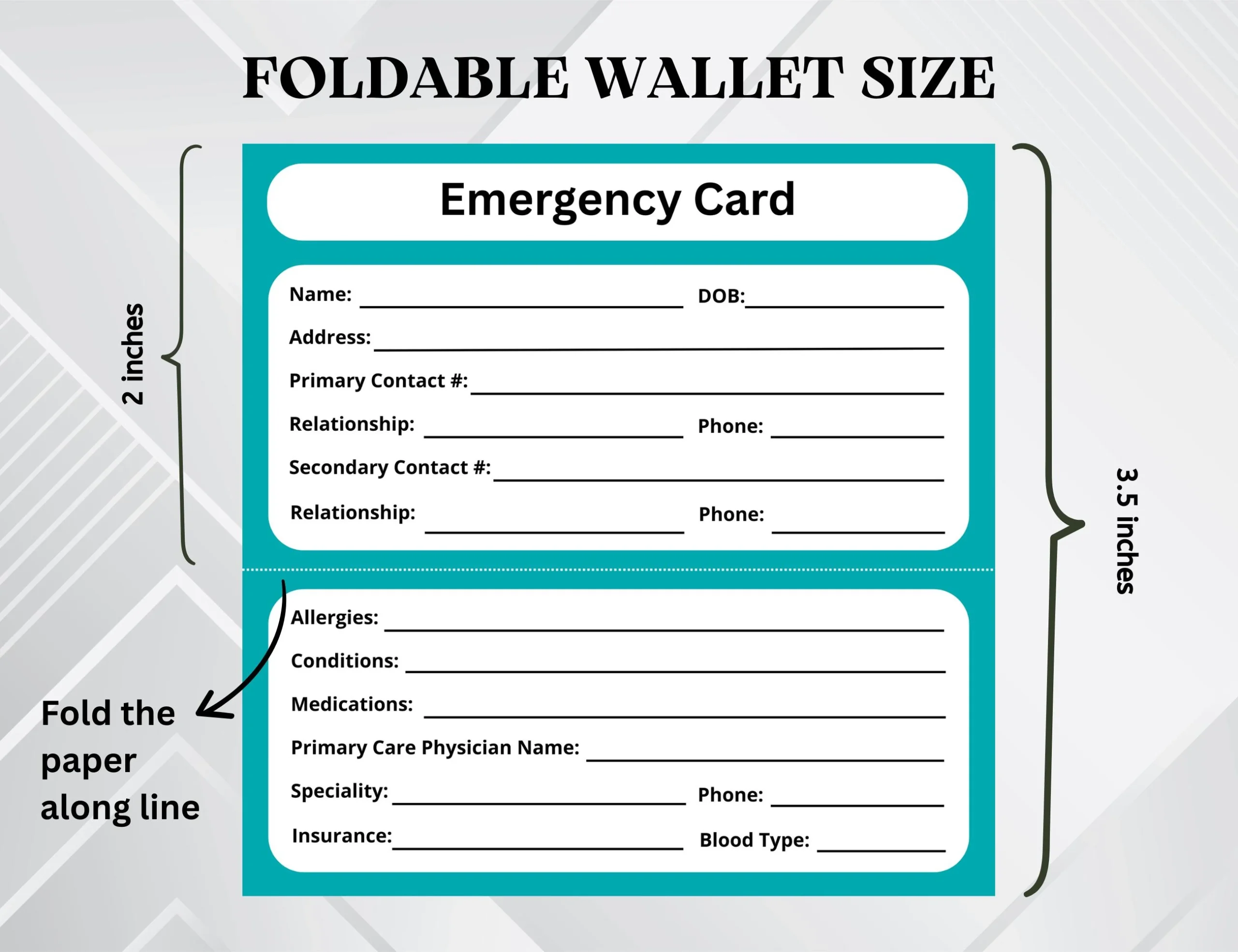 Emergency Contact Card Printable ICE Wallet Card Editable 