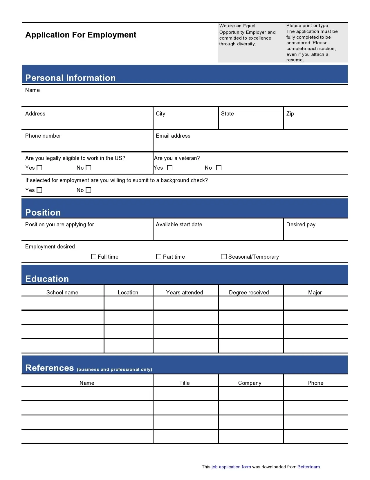 Free Job Application Template Printable