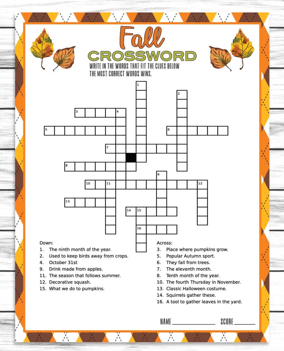 Fall Themed Crossword Puzzles Printable